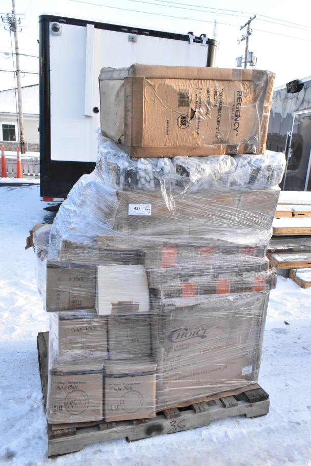 Pallet with 37 new scratch and dent items, including tray rack, colander, plates, Regency ice bin, visible labels on a snowy lot.