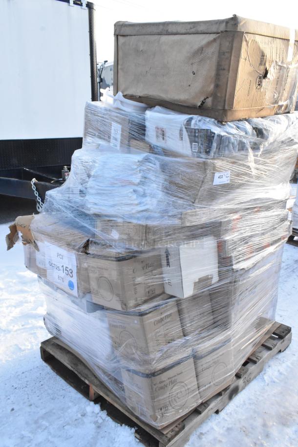 Pallet with 37 new scratch and dent items, including tray rack, colander, plates, and Regency ice bin. Items in shrink wrap.