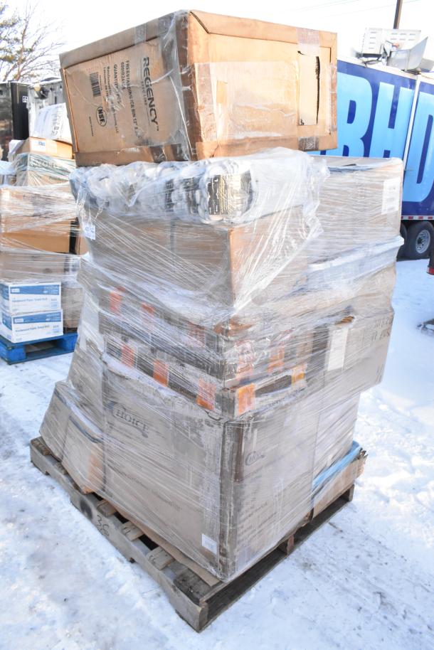Pallet with 37 new scratch and dent items wrapped in plastic, including Regency ice bin and various kitchenware in labeled boxes.
