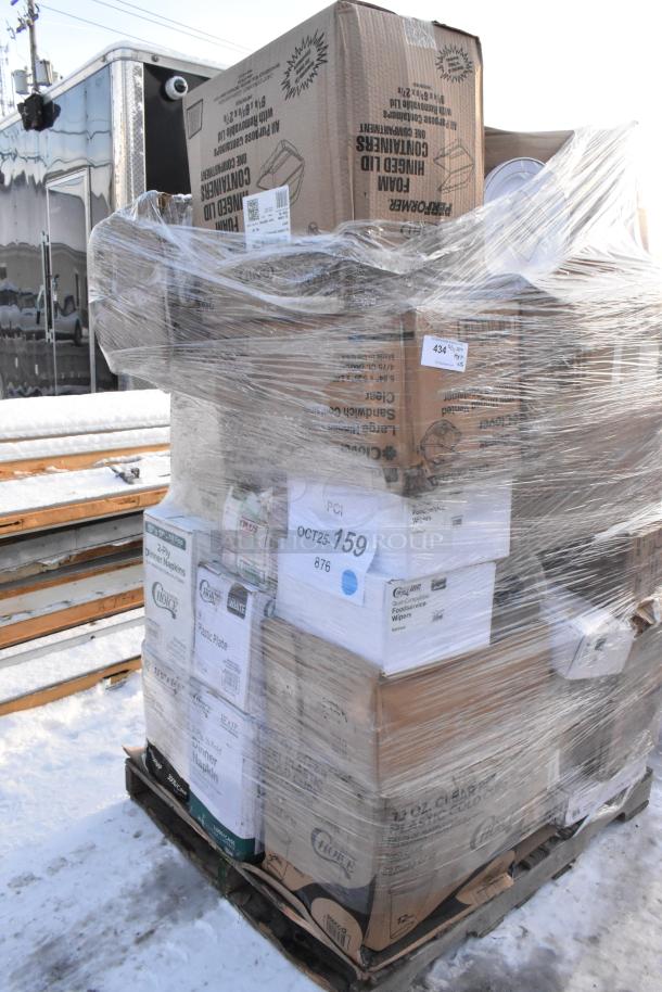 Pallet of 26 brand new scratch and dent items, including napkins, cone cups, plates, cold cups, wrapped in plastic film.