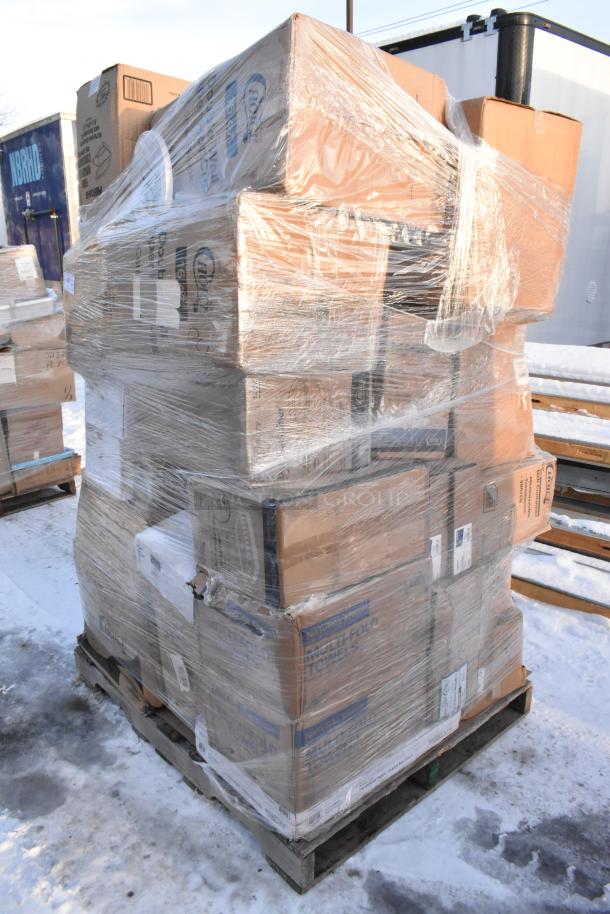 Shrink-wrapped pallet of 26 new scratch and dent items. Contains napkins, cone cups, plates, and cold cups.