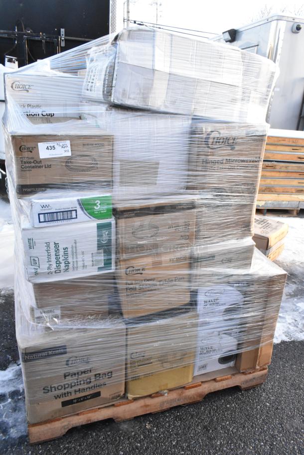 Pallet of 32 boxed items including disposable portion cups, containers, toilet paper, can liners, wrapped for auction.