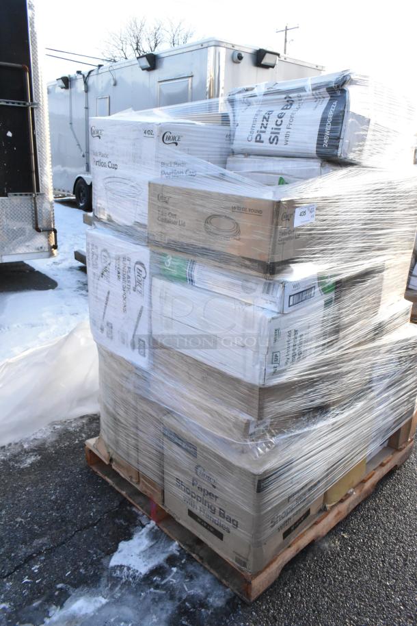 Pallet of brand new scratch and dent items including portion cups, containers, and can liners, wrapped in plastic.