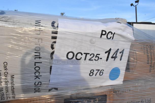 Palette of 32 brand new scratch and dent items wrapped in plastic, including portion cups, containers, and toilet paper. Visible label reads "PCI OCT25-141."