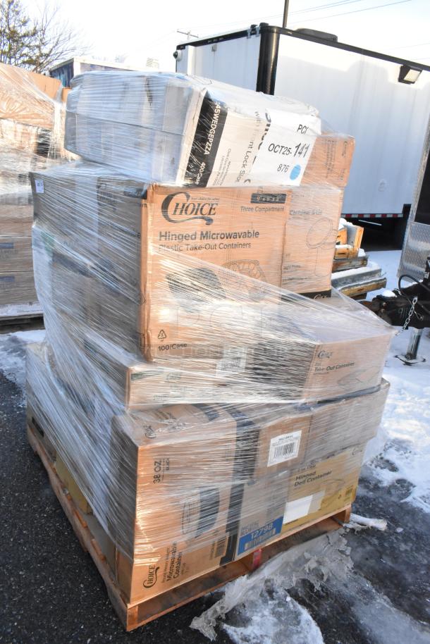 Pallet with shrink-wrapped boxes labeled "Choice" for microwavable take-out containers. Conditions: Scratch and dent. 32 items total.