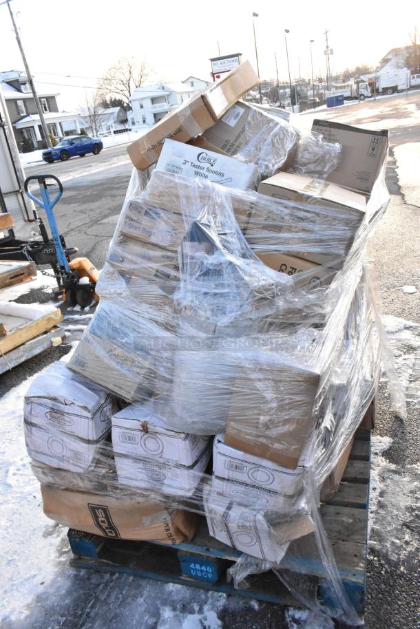 Pallet with 36 brand new scratch and dent items. Includes containers, napkins, trays, gloves in boxes, wrapped in plastic.