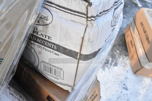 Pallet of brand new scratch and dent items, including plates, with visible packaging showing 120 pieces per case.