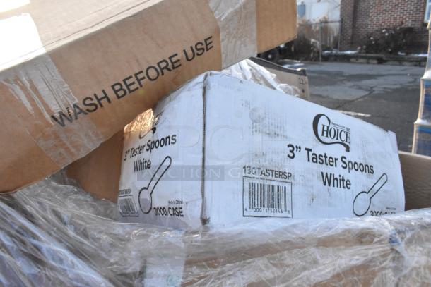 Cardboard boxes labeled "3-inch Taster Spoons White" and "Wash Before Use" with plastic wrap; new condition.