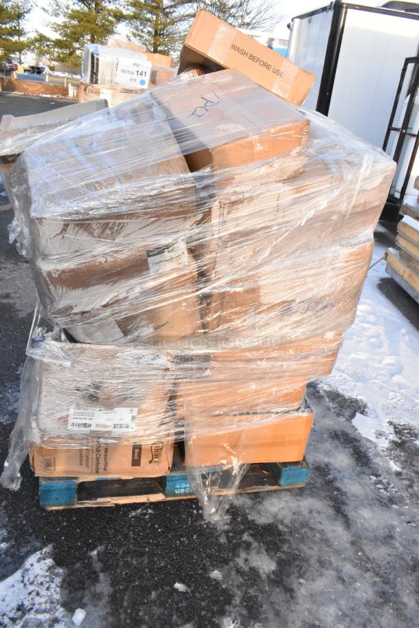 Pallet of 36 new scratch and dent items, including containers, napkins, trays, gloves, wrapped in clear plastic with visible labels.