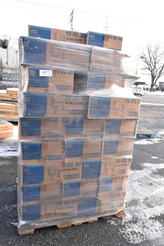 Pallet of 34 Tork 10 02 30 Centerfeed Paper Wiper boxes, wrapped in plastic. Boxes are marked: 1-Ply, 7.7 x 11.8 inches.