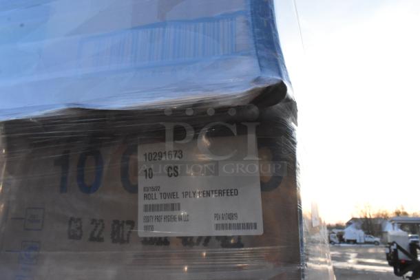 Palette of 34 brand new scratch and dent Tork 10 02 30 centerfeed paper wipers, 1-ply, 7.7 x 11.8 inches, labeled.