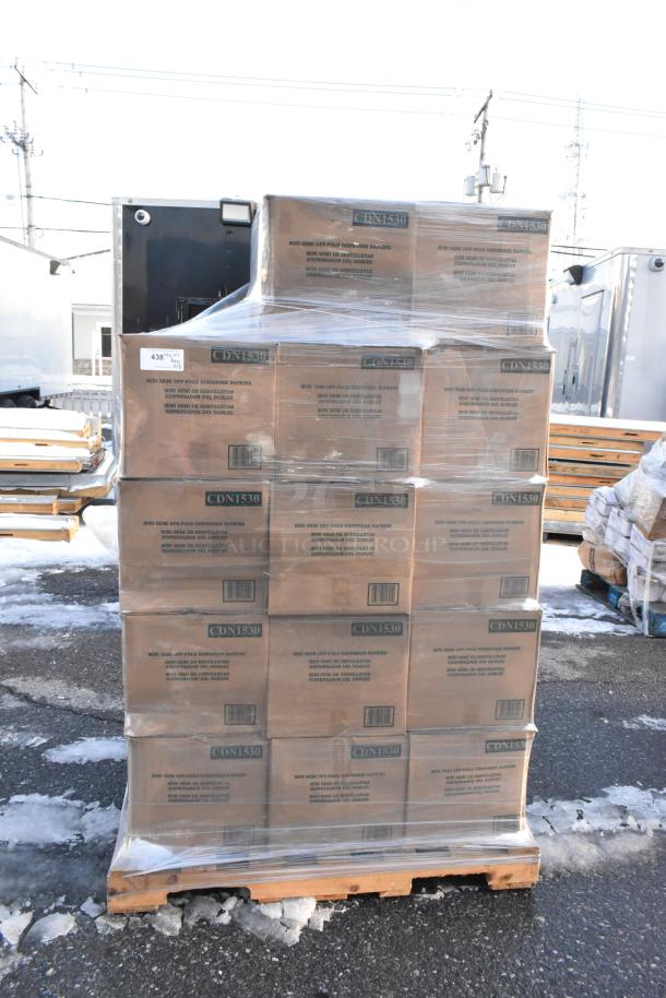 Pallet of 28 brand new CDN1530 Mini Semi Off Fold Dispenser Napkin boxes, wrapped in plastic, labeled "Scratch and Dent."