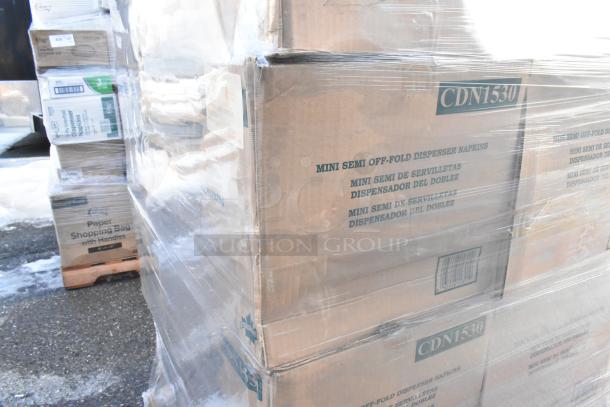 28 boxes of CDN1530 mini semi off-fold dispenser napkins in new, but scratch and dent condition, palletized for auction.