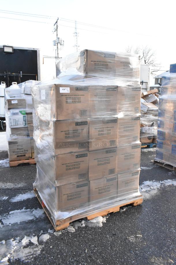 Stack of 28 boxed CDN1530 mini semi off fold dispenser napkins, scratch and dent, shrink-wrapped on pallet.