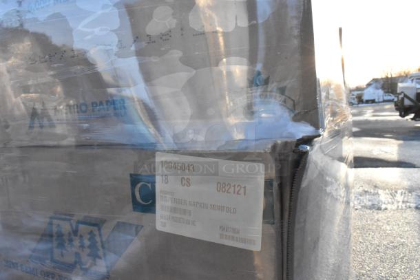 28 new scratch and dent CDN1530 mini semi off fold dispenser napkin cases, label showing "18 CS," packaged for auction.