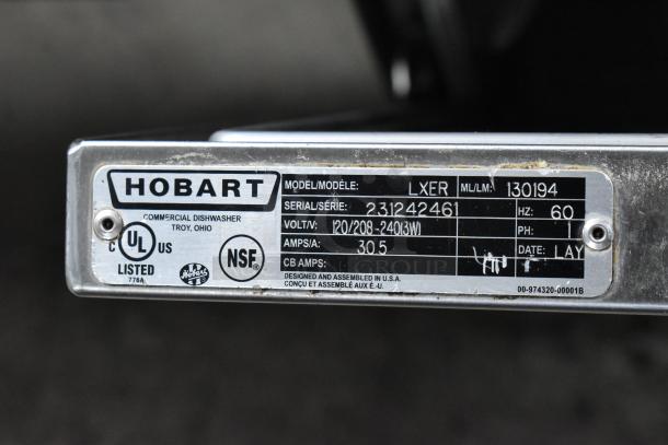 2022 Hobart LXER commercial undercounter dishwasher label, showing model and serial numbers, voltage, and certification marks.