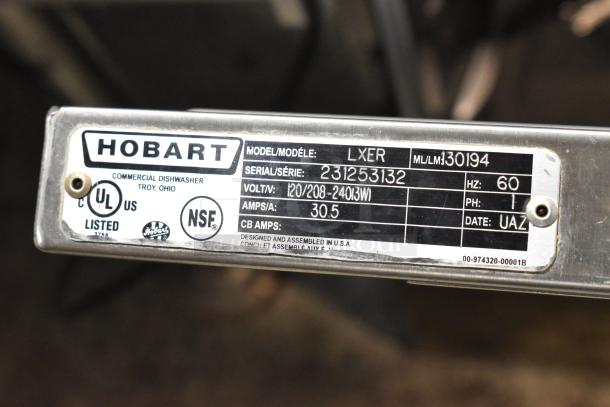 2023 Hobart LXER Commercial Dishwasher, stainless steel, undercounter, 120/208-240V, 1 phase, UL and NSF listed label.
