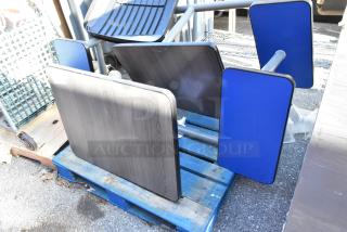 2 booth setups with blue tabletops and benches, resting on blue pallets. Some wear visible.