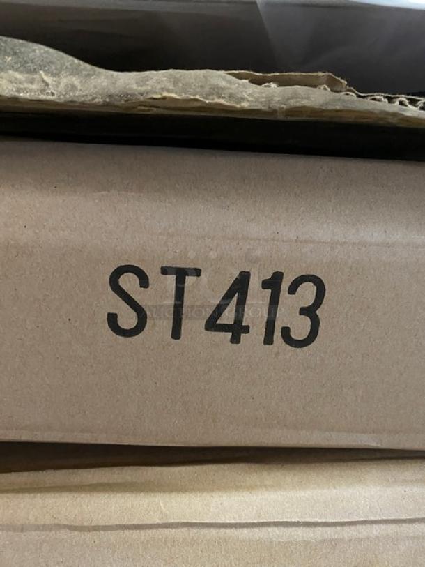 Brand new Commercial Aluminum Square Lightweight Table, Model ST413, in original packaging. Pedestal-style base.