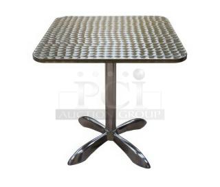 Brand new aluminum square dining table, model ST413, with lightweight pedestal base, suitable for indoor/outdoor use.
