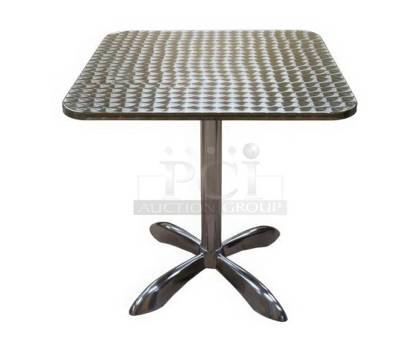 Brand new commercial aluminum square dining table, Model ST413, with a lightweight pedestal base, suitable for indoor/outdoor use.