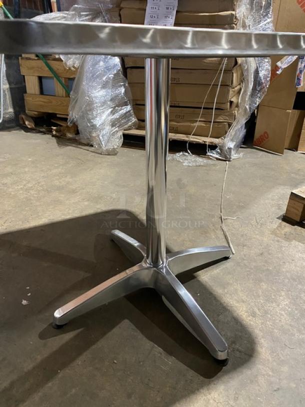Brand new commercial aluminum square dining table, model ST413, with a lightweight pedestal base for indoor/outdoor use.