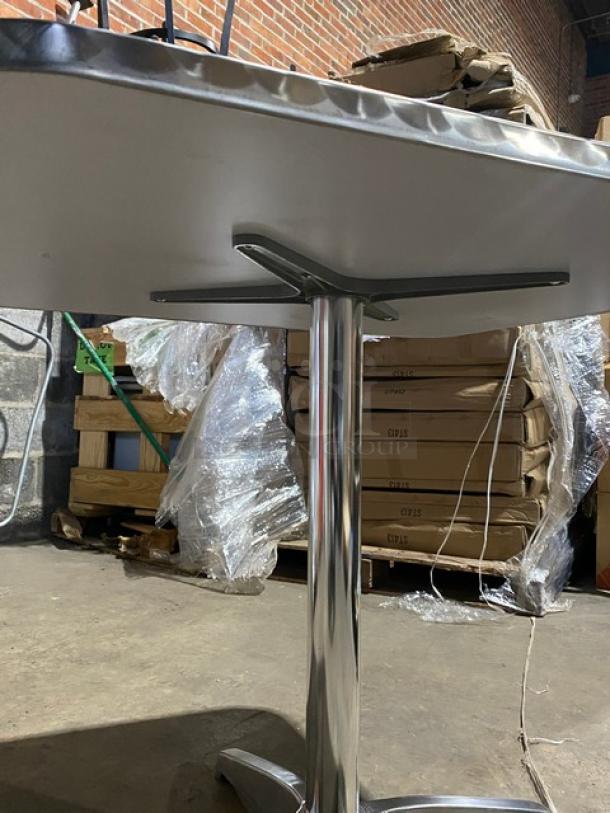 Brand new aluminum square dining table, model ST413, with pedestal base. Lightweight, suitable for indoor/outdoor use.