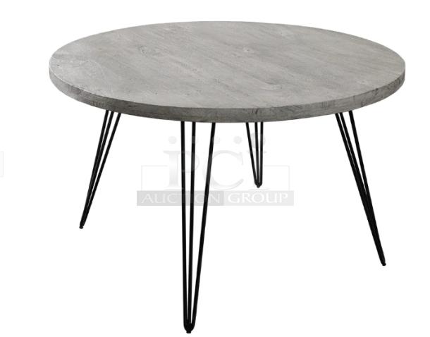 Brand new Werzalit Model 064776 round tabletop, 41.33" Ponderosa Grey, matte steel hairpin legs. Commercial quality.