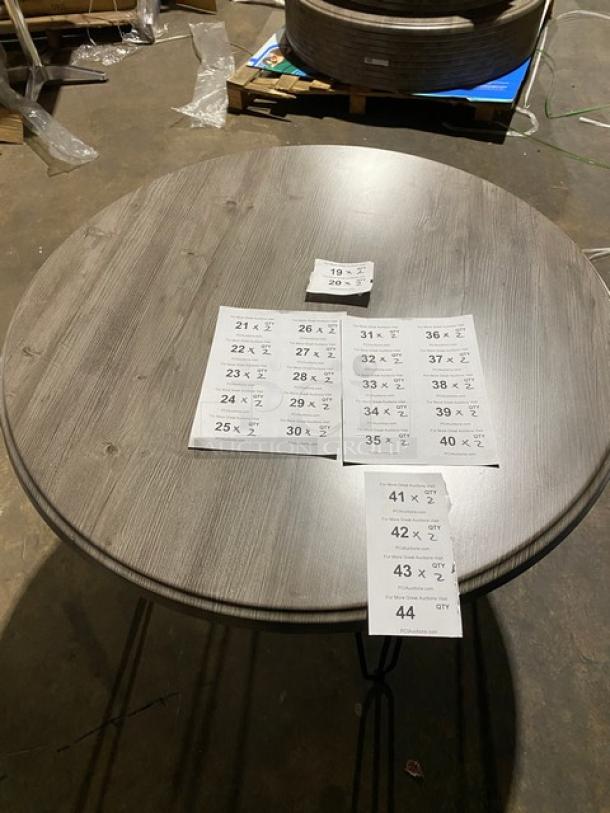 BRAND NEW Werzalit 41.33" Ponderosa Grey Round Tabletop, Model 064776, with matte steel hairpin legs. Commercial-grade.