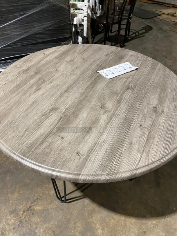 BRAND NEW Werzalit 47.24" Ponderosa Grey Round Tabletop, Model 064411, with matte steel hairpin legs.