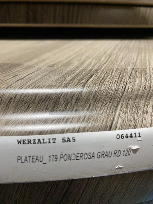 Brand new Werzalit 47.24" round tabletop in Ponderosa Grey, Model 064411, includes matte steel hairpin legs.