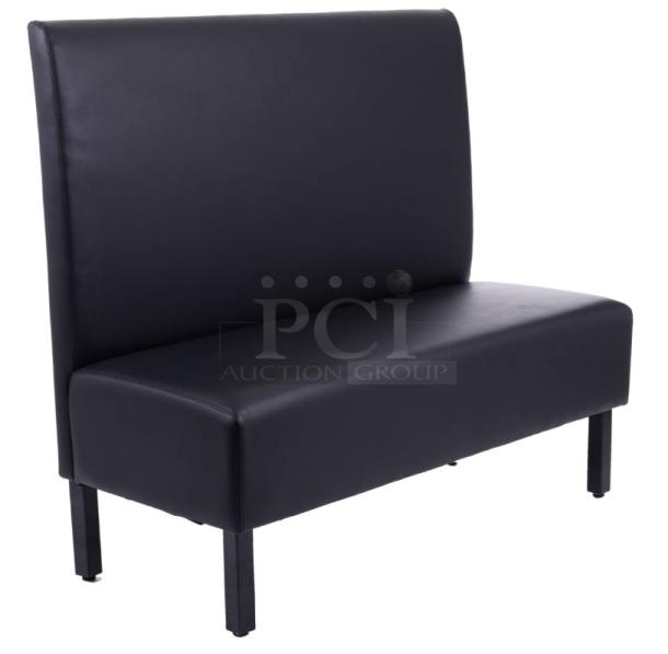 Brand new commercial black upholstered restaurant booth with legs, sleek design, perfect condition.