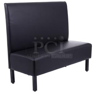 Brand new commercial black upholstered restaurant booth with legs, sleek design, perfect condition.