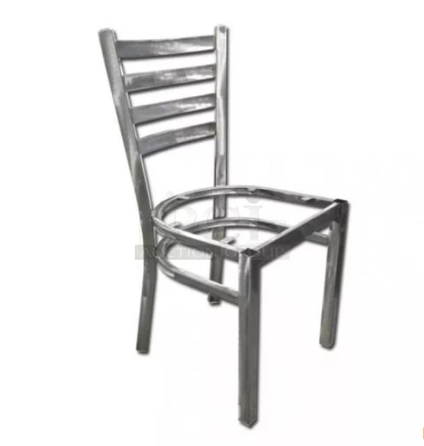 Brand new commercial metal ladder-back stackable dining chair frame, silver finish, sturdy design.