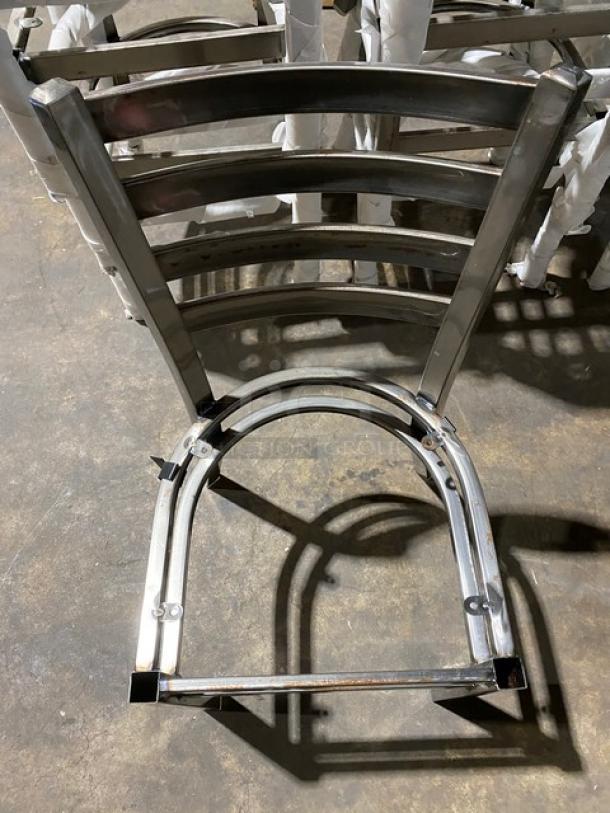 Brand new metal ladder-back stackable dining chair frame, commercial grade, shiny finish, featuring durable construction.
