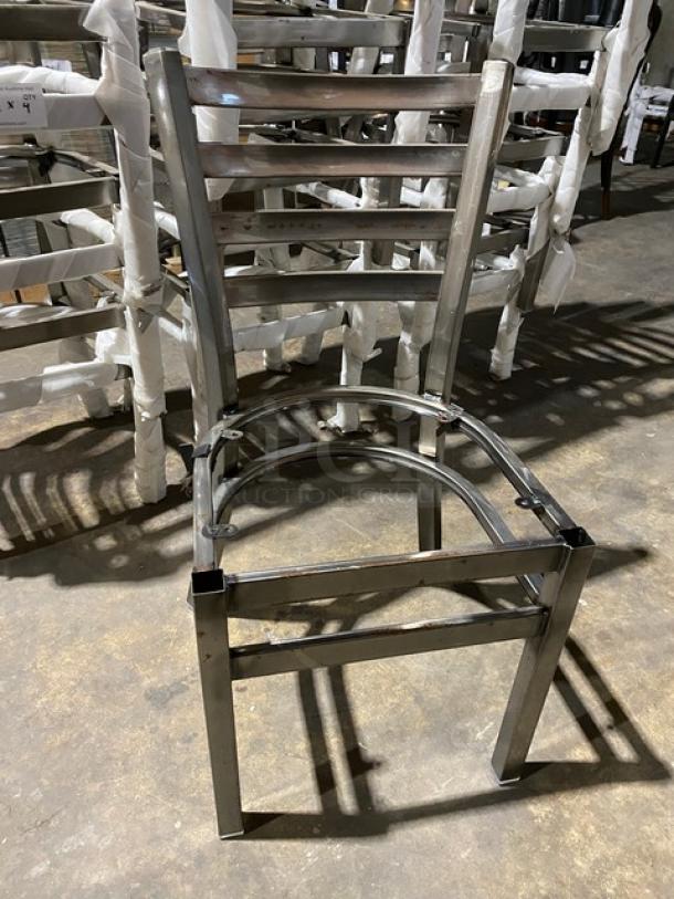 Brand new commercial metal ladder-back stackable dining chair frame, steel construction, durable, suitable for restaurants.