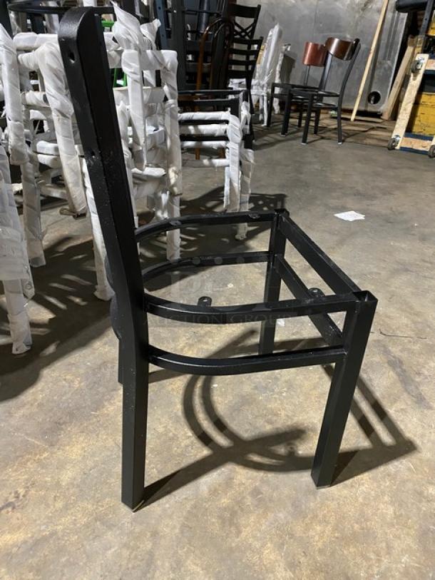 Brand new black steel stackable dining chair frame with curved backrest design. Commercial quality, ideal for bulk purchase.