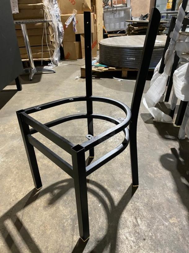 Brand new black steel stackable dining chair frame, designed for curved backrest, commercial use, excellent condition.