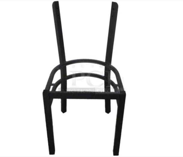 Brand new commercial black steel stackable dining chair frame, designed for a curved backrest.