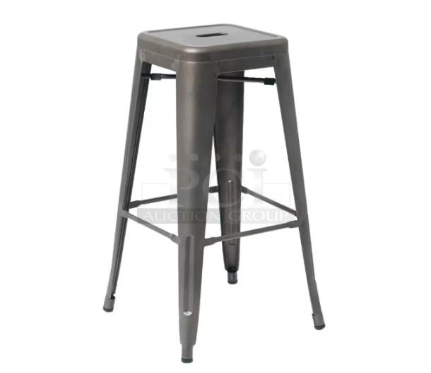 Brand new gunmetal grey backless stackable bar stool, industrial style, commercial grade, pristine condition.