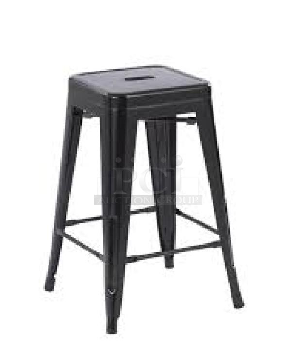 Brand new black metal backless stackable bar stool; industrial style, commercial quality, durable design.