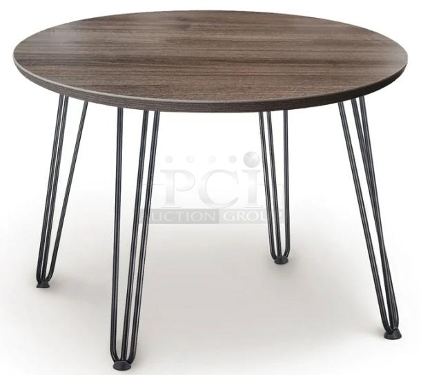 Commercial 42" round bar-height dining table in walnut finish, 1.5" thick butcher block style, on hairpin legs. New condition.