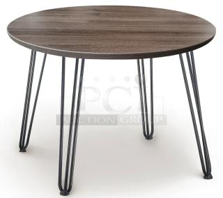 Commercial 42" round bar-height dining table in walnut finish, 1.5" thick butcher block style, on hairpin legs. New condition.