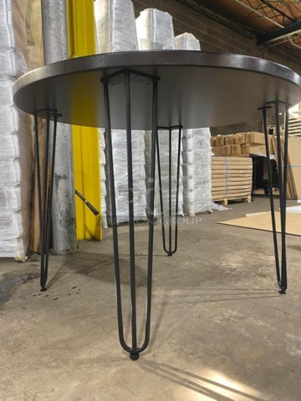 Round red oak dining table, 42" diameter, walnut finish, 1.5" thick butcher block style, bar-height with metal legs. Brand new.