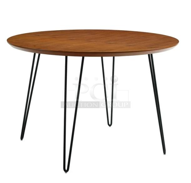 BRAND NEW Laminate 40" Round Reversible Mahogany/Black Bar-Height Dining Table, Model R40. Black metal legs.