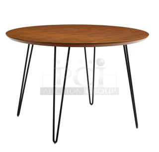 BRAND NEW Laminate 40" Round Reversible Mahogany/Black Bar-Height Dining Table, Model R40. Black metal legs.