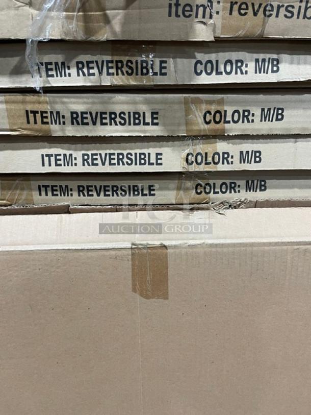 Boxes of brand new Laminate 40" Round Reversible Mahogany/Black Bar-Height Dining Tables, Model R40, marked "Item: Reversible, Color: M/B."