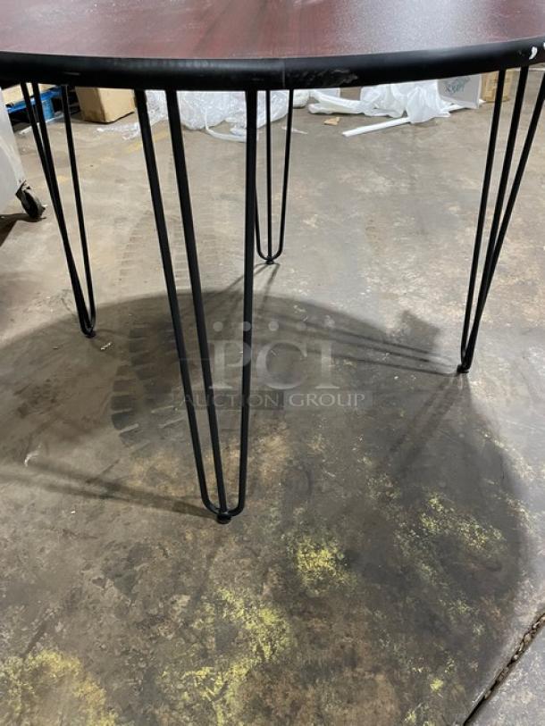 BRAND NEW round reversible laminate bar-height dining table, Model R40, 40-inch in mahogany/black. Metal legs.