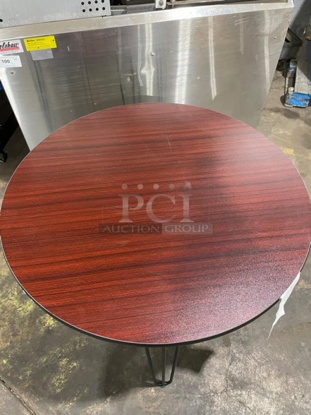 BRAND NEW 40" round laminate bar-height table, reversible mahogany/black. Model R40. Perfect condition, sleek hairpin legs.