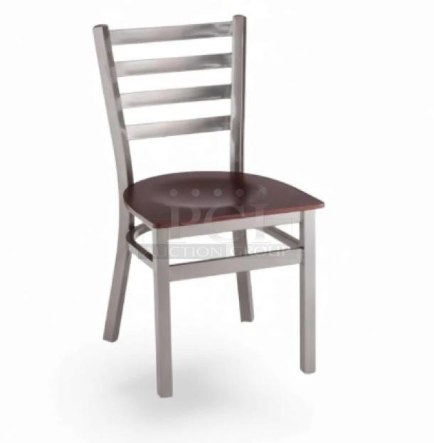 Brand new commercial stackable dining chair with metal ladder-back frame and mahogany wooden seat.